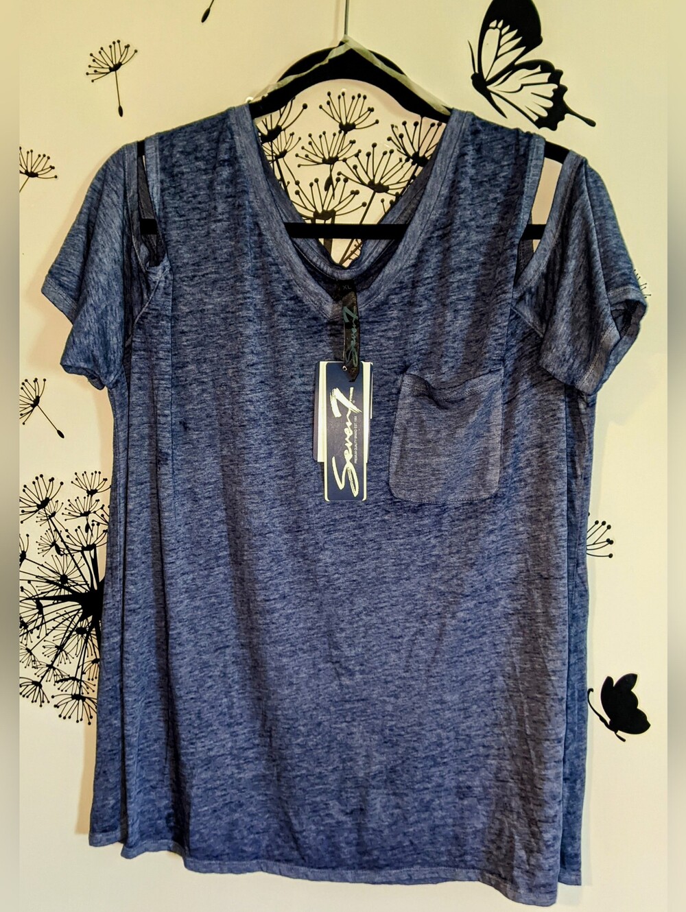 Seven7 Heathered Navy Blue. Cold Shoulder Short Sleeve Pocket Tee